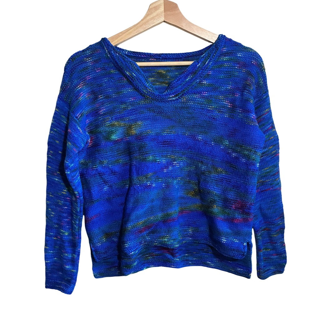 Unbranded Space Dye Knit V-Neck Sweater Small Blue Multicolor Womens Textured